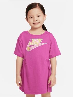 Nike Girls' Logo T-Shirt Dress in Bright Pink with Yellow Accent Size 6-7